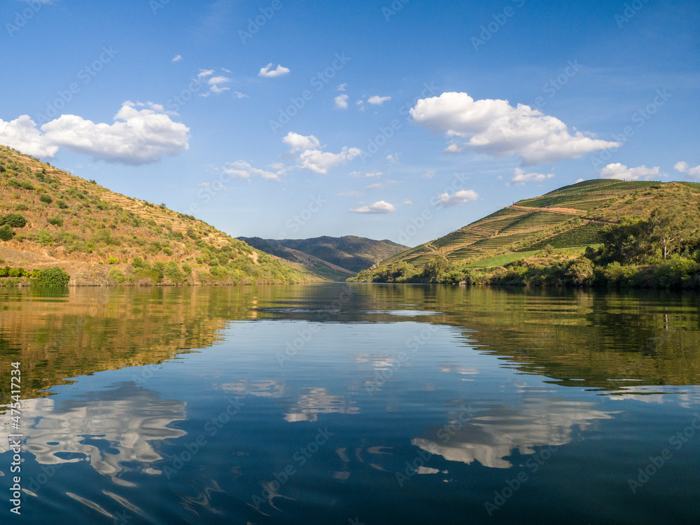 Fototapeta premium Portugal, Douro Valley. The Douro River with hillsides of terraced vineyards.