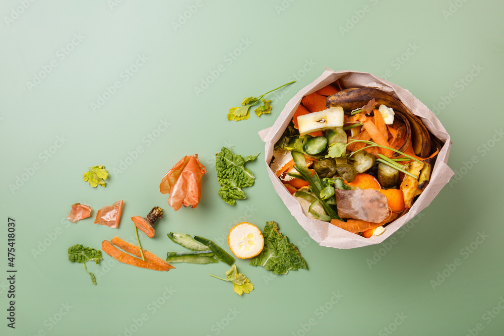 Sorted kitchen waste in paper eco bag on green background. Compost-container. Sustainable life style. Vegetable and fruit peels, scraps from food preparation collected in trash-pack for recycling - obrazy, fototapety, plakaty 