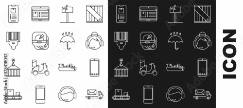 Set line Post truck, Mobile phone with app delivery tracking, Support operator touch, Open mail box, Pizza cardboard, Scanner scanning bar code, and Umbrella and rain drops icon. Vector