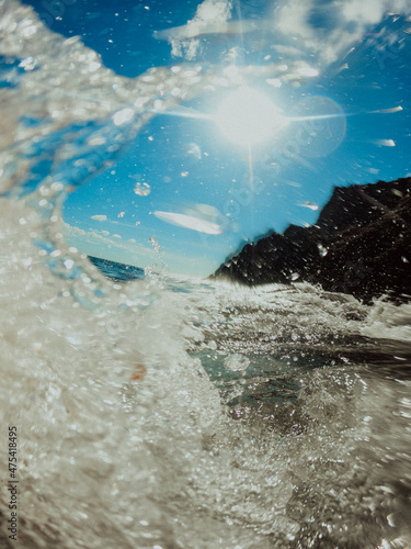 Undersea view picture. Ocean water close-up, splashing fresh background