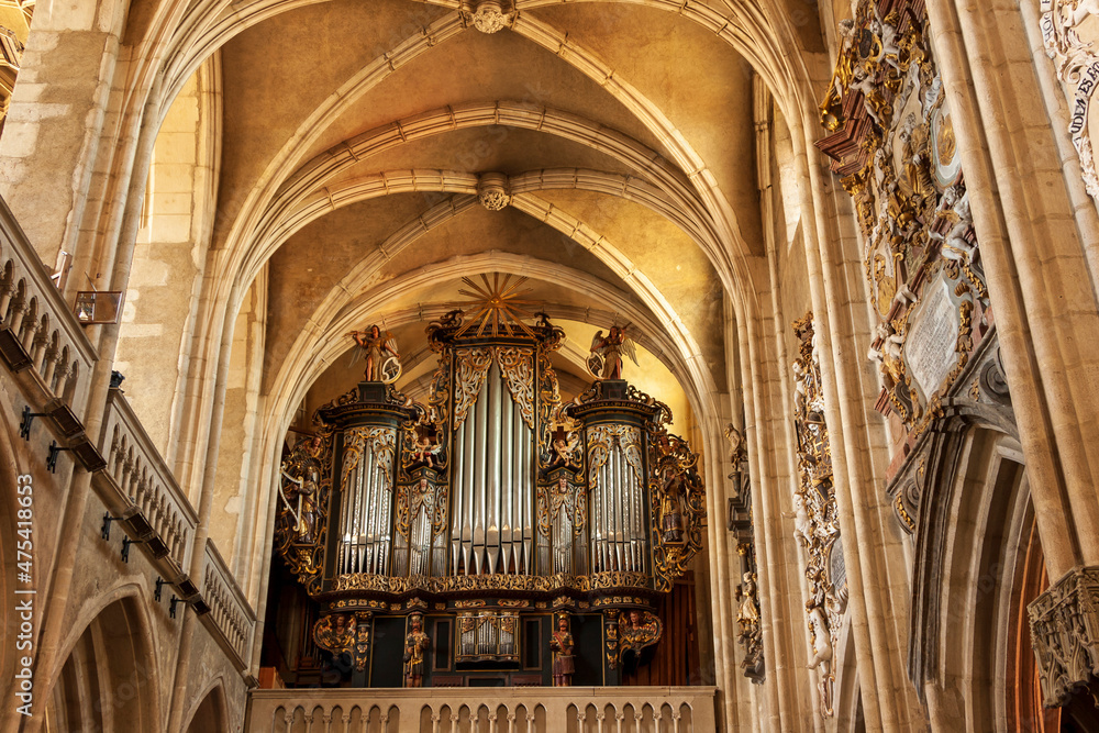 Sibiu, Romania. Pipe organ in gothic style Lutheran Cathedral of Saint Mary.