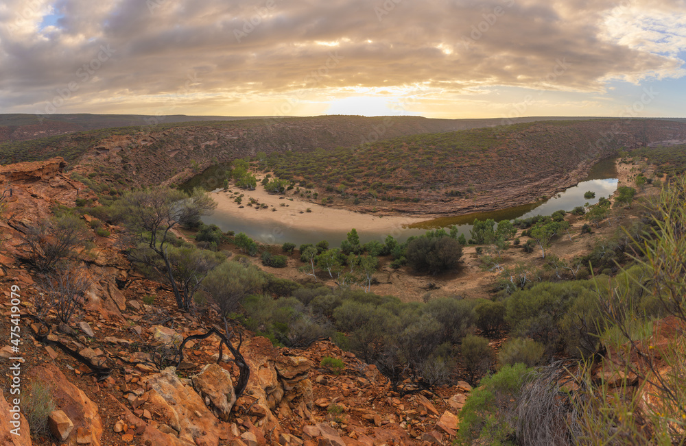 panoramic shot of the murchison river at sunrise in kalbarri national park of western australia panoramic shot of the murchison river at sunrise in kalbarri national park of western australia