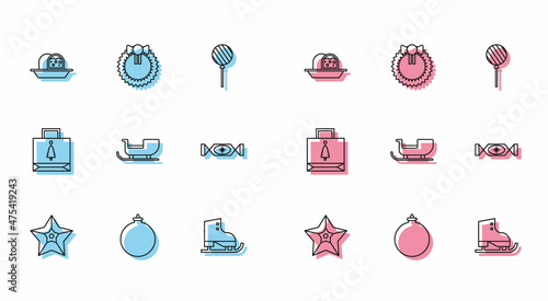Set line Christmas star, ball, Marzipan sponge cake, Figure skates, santa claus sleigh, Candy, paper shopping bag and wreath icon. Vector