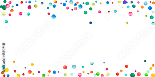 Watercolor confetti on white background. Adorable rainbow colored dots. Happy celebration wide colorful bright card. Quaint hand painted confetti.