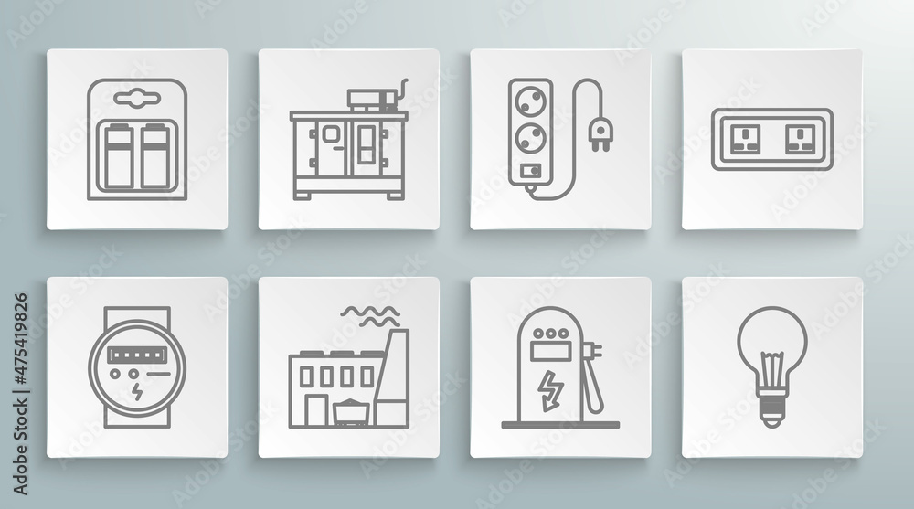 Set line Electric meter, Diesel power generator, Coal plant and factory, car charging station, Light bulb with concept of idea, extension cord, Electrical outlet and Battery pack icon. Vector Set line Electric meter, Diesel power generator, Coal plant and factory, car charging station, Light bulb with concept of idea, extension cord, Electrical outlet and Battery pack icon. Vector