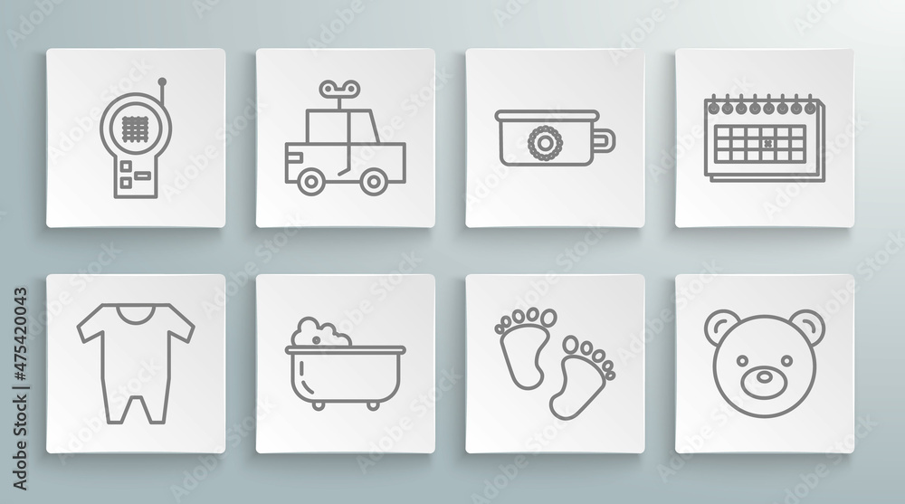Set line Baby clothes, Toy car, bathtub, footprints, Teddy bear plush toy, potty, Calendar and Monitor Walkie Talkie icon. Vector