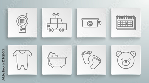 Set line Baby clothes  Toy car  bathtub  footprints  Teddy bear plush toy  potty  Calendar and Monitor Walkie Talkie icon. Vector