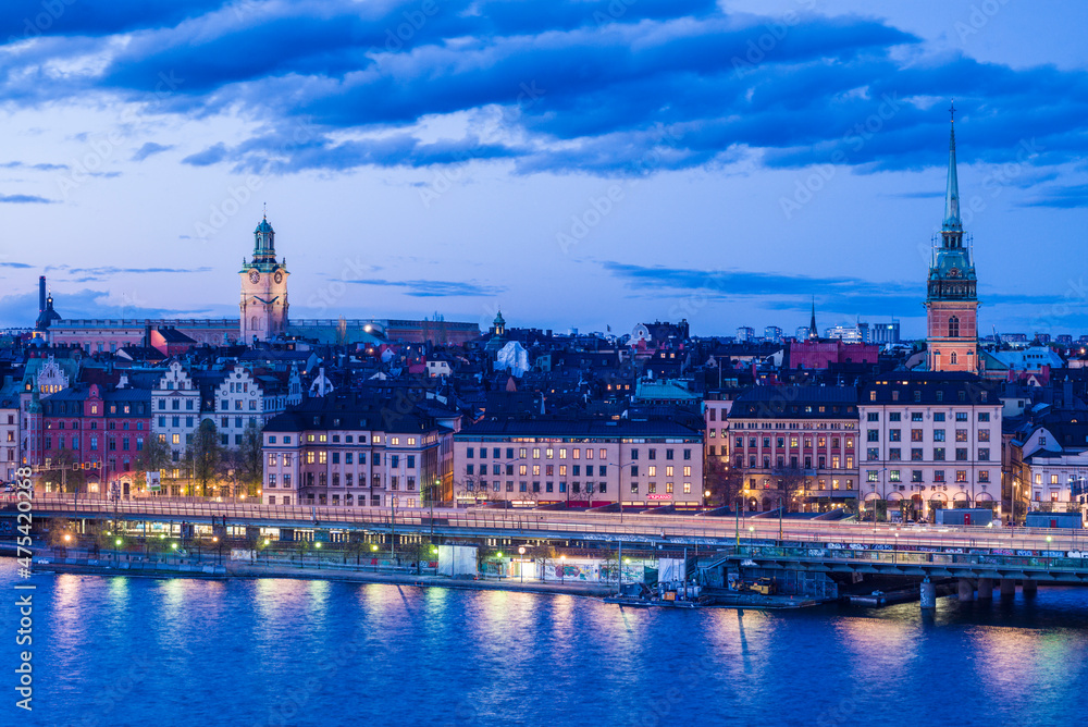 Sweden, Stockholm, Gamla Stan, Old Town, high angle view, dusk