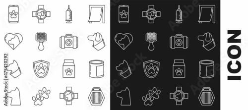 Set line Pet carry case, Canned food, Dog, Syringe with pet vaccine, Hair brush for dog and cat, Heart, Online veterinary clinic symbol and first aid kit icon. Vector
