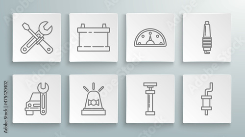 Set line Car service, battery, Flasher siren, , muffler, Speedometer, spark plug and Screwdriver and wrench tools icon. Vector