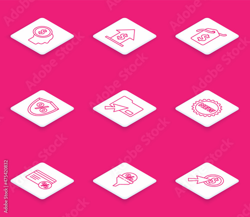 Set line Business man planning mind, Financial growth and coin, Price tag with dollar, Loan percent, Cursor click document folder, New, Discount card and Lead management icon. Vector