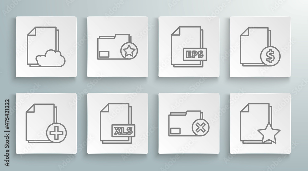 Set line Add new file, Document folder with star, XLS document, Delete, EPS, Finance and Cloud storage text icon. Vector Set line Add new file, Document folder with star, XLS document, Delete, EPS, Finance and Cloud storage text icon. Vector