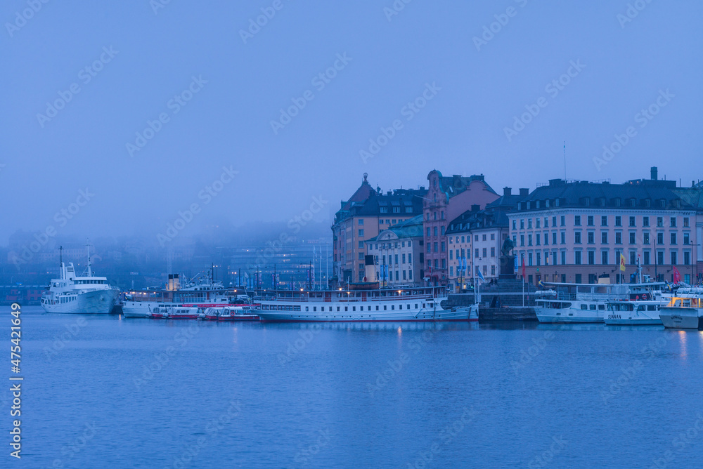 Sweden, Stockholm, Gamla Stan, Old Town, old town skyline, morning fog