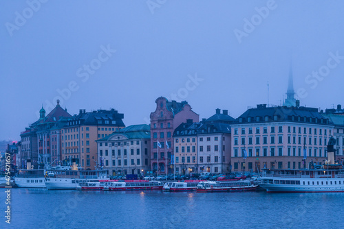 Sweden, Stockholm, Gamla Stan, Old Town, old town skyline, morning fog