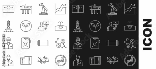 Set line No Smoking, Molecule oil, Oilfield, pump or pump jack, Bio fuel, rig with fire, Stacks paper money cash and Nature saving protest icon. Vector