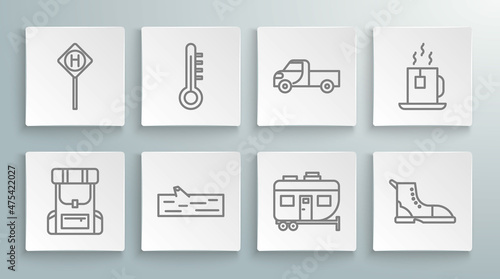 Set line Hiking backpack, Meteorology thermometer, Wooden, Rv Camping trailer, boot, Pickup truck, Cup of tea with tea bag and Parking icon. Vector