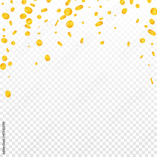 American dollar coins falling. Elegant scattered USD coins. USA money. Favorable jackpot, wealth or success concept. Vector illustration.