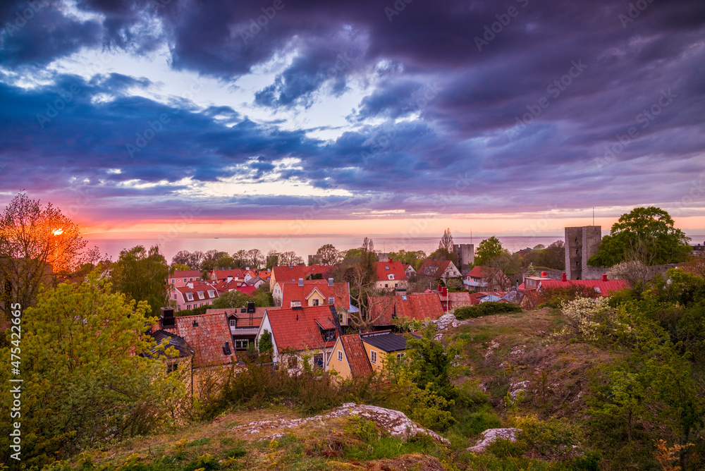 Sweden, Gotland Island, Visby, high angle city view, dusk