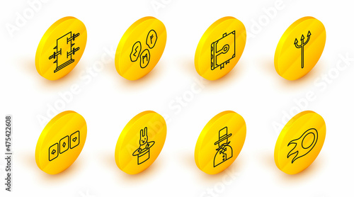 Set line Fireball, Magician, hat and rabbit, Playing cards, Neptune Trident, Ancient magic book, runes and Trunk for tricks icon. Vector
