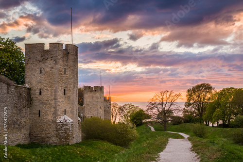 Sweden, Gotland Island, Visby, 12th century city wall, most complete medieval city wall in Europe, sunset photo