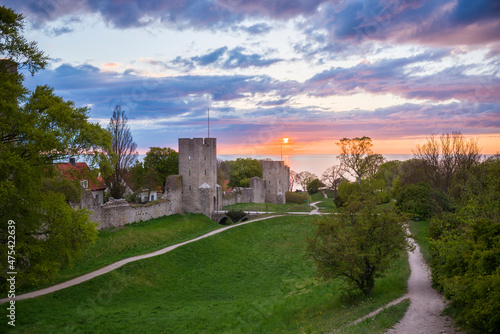 Sweden, Gotland Island, Visby, 12th century city wall, most complete medieval city wall in Europe, sunset photo