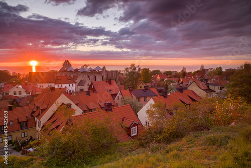 Sweden, Gotland Island, Visby, high angle city view, dusk