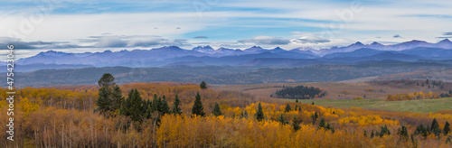 Canadian Rocky Mountain range landscape and panoramic autumn color background. Alberta prairie valley scenery and mountain lookout background. Beautiful panorama of the fall forest and mountains