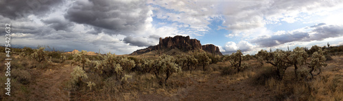 Panoramic shot of the Arizona Superstition Mountains on a gloomy day
