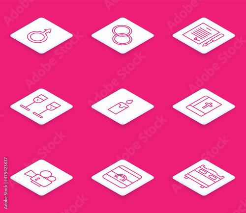 Set line Male gender symbol, Wedding rings, Marriage contract, Glass of champagne, Burning candle, Holy bible book, Cinema camera and icon. Vector