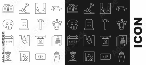 Set line Funeral urn, Death certificate, Christmas angel, Cemetery digged grave hole, Grave with tombstone, Skull, and Hammer icon. Vector
