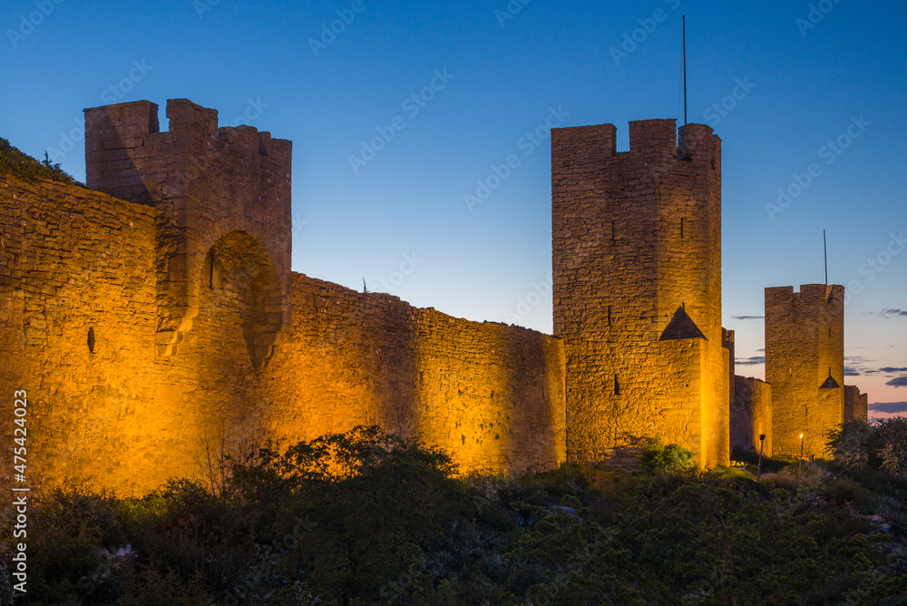 Sweden, Gotland Island, Visby, 12th century city wall, most complete medieval city wall in Europe, dusk