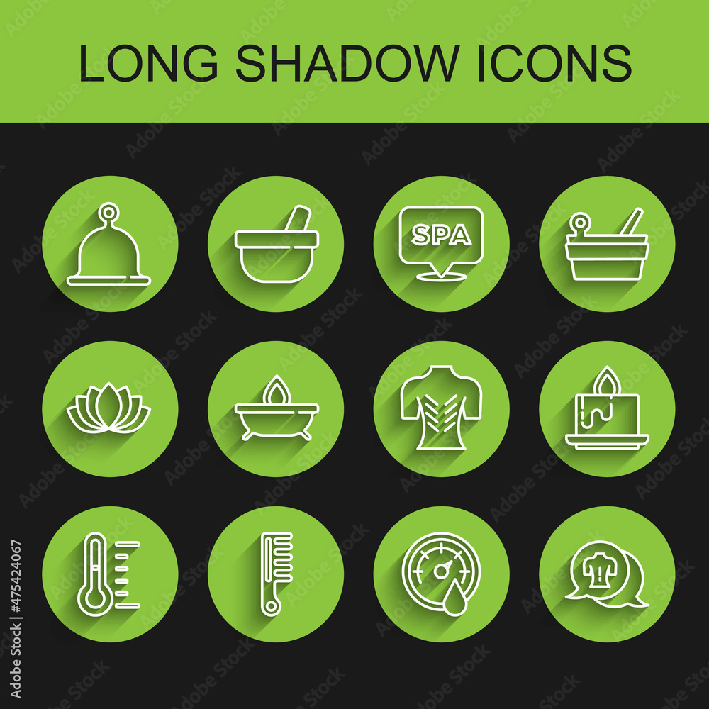Set line Sauna thermometer, Hairbrush, hat, Massage, Aroma candle, and icon. Vector Set line Sauna thermometer, Hairbrush, hat, Massage, Aroma candle, and icon. Vector