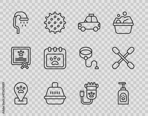 Set line Location pet grooming, Pet shampoo, car taxi, carry case, shower, Calendar, Hair clipper and Cotton swab for ears icon. Vector