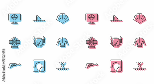 Set line Fishing harpoon, Life jacket, Scallop sea shell, Whale tail ocean wave, Diving mask, Wetsuit, Aqualung and Shark fin icon. Vector
