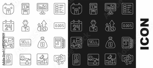 Set line Stacks paper money cash, Stock market news, Zero cost, Computer with growth graph, Trader, Calendar, Bear and Financial and coin icon. Vector
