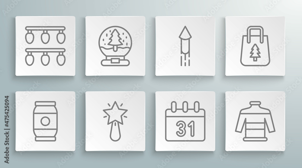 Set line Beer can, Christmas snow globe, star, Calendar, sweater, Firework rocket, shopping bag and lights icon. Vector Set line Beer can, Christmas snow globe, star, Calendar, sweater, Firework rocket, shopping bag and lights icon. Vector
