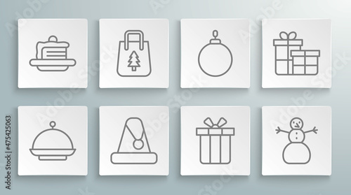 Set line Christmas covered with tray  shopping bag  Santa Claus hat  Gift box  snowman  ball  and Cake icon. Vector