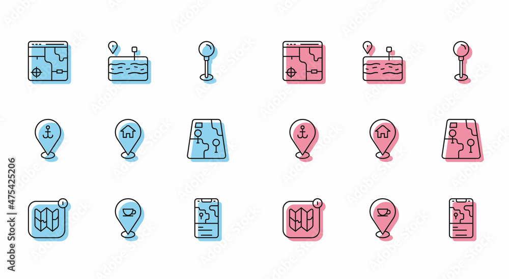 Set line Infographic of city map, Location with coffee cup, City navigation, house, anchor and Broken road icon. Vector Set line Infographic of city map, Location with coffee cup, City navigation, house, anchor and Broken road icon. Vector