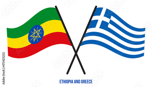 Ethiopia and Greece Flags Crossed And Waving Flat Style. Official Proportion. Correct Colors.