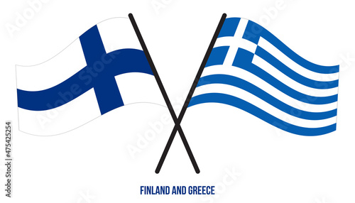 Finland and Greece Flags Crossed And Waving Flat Style. Official Proportion. Correct Colors.