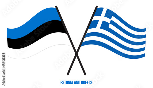 Estonia and Greece Flags Crossed And Waving Flat Style. Official Proportion. Correct Colors.