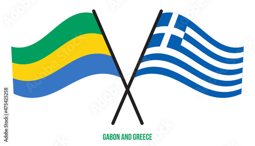 Gabon and Greece Flags Crossed And Waving Flat Style. Official Proportion. Correct Colors.