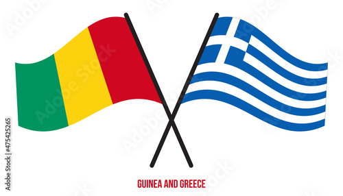 Guinea and Greece Flags Crossed And Waving Flat Style. Official Proportion. Correct Colors.