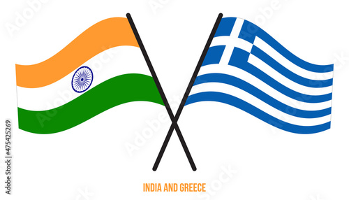 India and Greece Flags Crossed And Waving Flat Style. Official Proportion. Correct Colors.