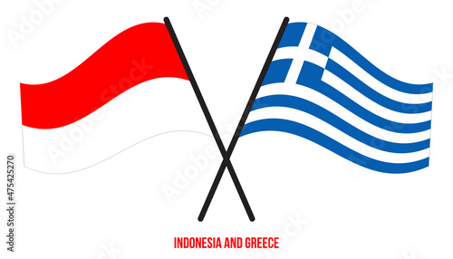 Indonesia and Greece Flags Crossed And Waving Flat Style. Official Proportion. Correct Colors.