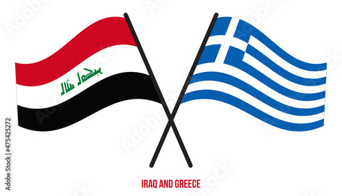 Iraq and Greece Flags Crossed And Waving Flat Style. Official Proportion. Correct Colors.