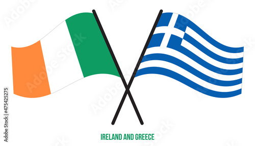 Ireland and Greece Flags Crossed And Waving Flat Style. Official Proportion. Correct Colors.