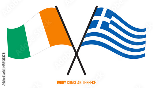 Ivory Coast and Greece Flags Crossed And Waving Flat Style. Official Proportion. Correct Colors.