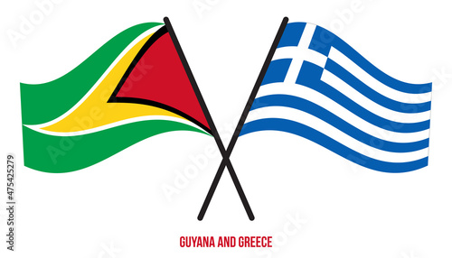 Guyana and Greece Flags Crossed And Waving Flat Style. Official Proportion. Correct Colors.