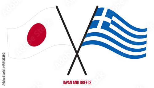 Japan and Greece Flags Crossed And Waving Flat Style. Official Proportion. Correct Colors.